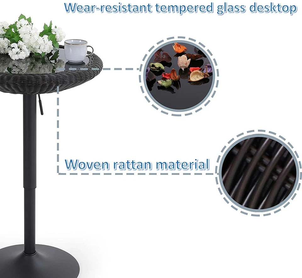 Juego de 3 sillas de mimbre y mesa ajustable para muebles de exterior de ratán y bistró para patio Foto 2 de 4