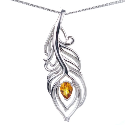 Citrine Necklace Sterling Silver Peacock Feather Yellow November Birthstone - Picture 9 of 11