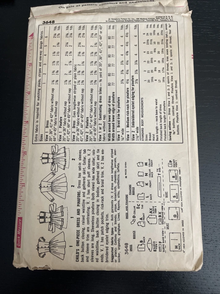 Vintage Simplicity Pattern 3648 Skirted Dress Pinafore Apron Girls 6 CUT 1960s - Image 2 of 2