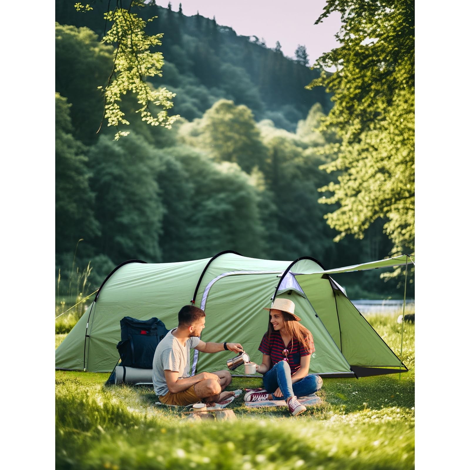 Camping Tents Tunnel Tent 4 Person Family Tents with 2 Doors Extra Large Weat...