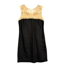 LOFT Dress Womens 4 Black Linen Shift Tan Crochet Lace Yoke Sleeveless Lined