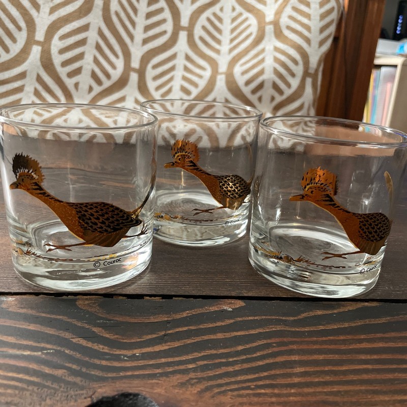 Vintage Couroc of Monterey Road Runner Old Fashioned 3 Pc Set Of Glasses