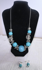 Faux turquoise and silver beaded chain necklace with matching earrings