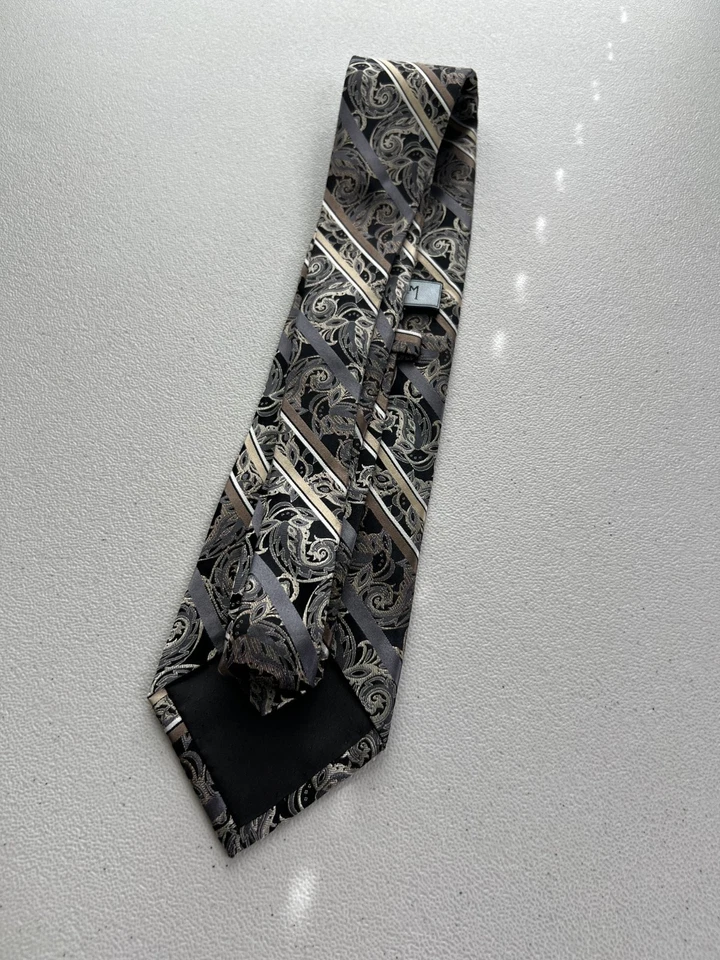 Corbata Platinum Designs negra, gris, marrón a rayas/patrón floral 100 % seda nueva sin etiquetas Foto 4 de 4