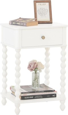 White Nightstand with Drawer, Spindle Leg Side Table for