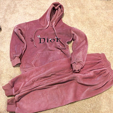 Dior Women  s Pink Velour Logo 2pc Sweatsuit Set Hoodie Pants Size S