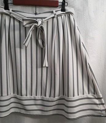 Potters Pot Striped Black & White Flare Skirt SZ XL Midi Tie Belt Career Fun EC