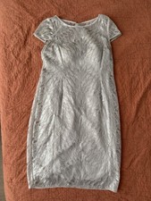Adrianna Papell Sequin Silver Embroidery Sheath Dress 10 Cocktail Formal Party