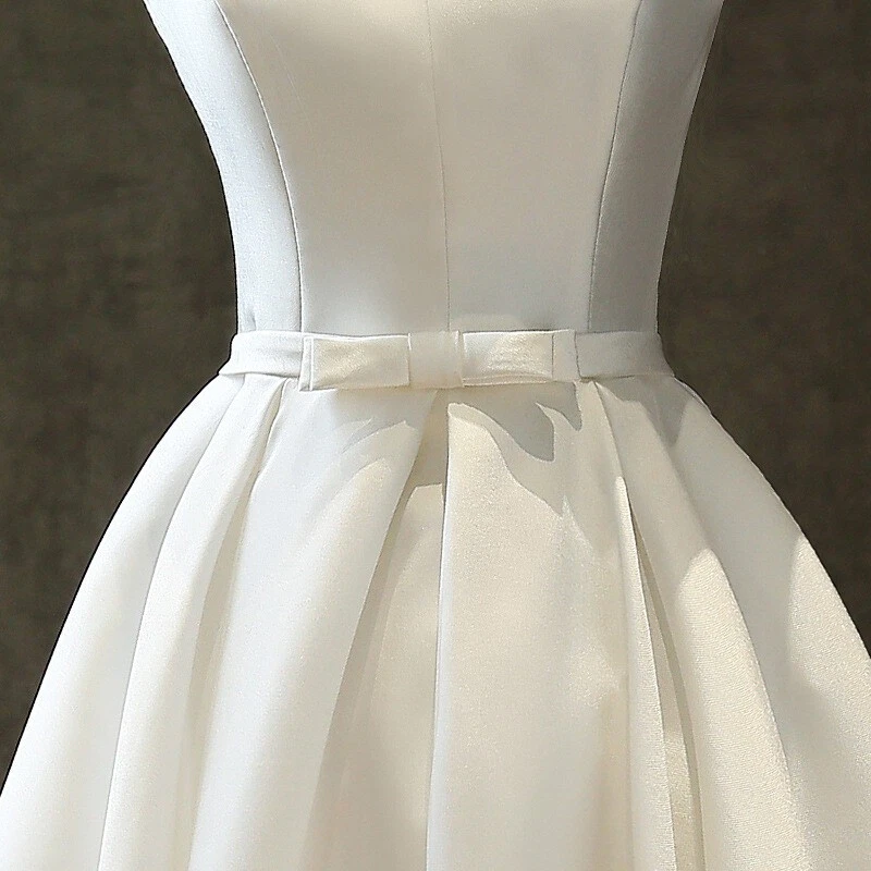 Simple Wedding Dresses Satin Tea-length With Bow V-Neck Sleeveless Bridal Gown - Image 3 of 4