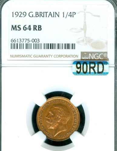 1929 GREAT BRITAIN FARTHING NGC MS64 RB MAC 90% RED  *