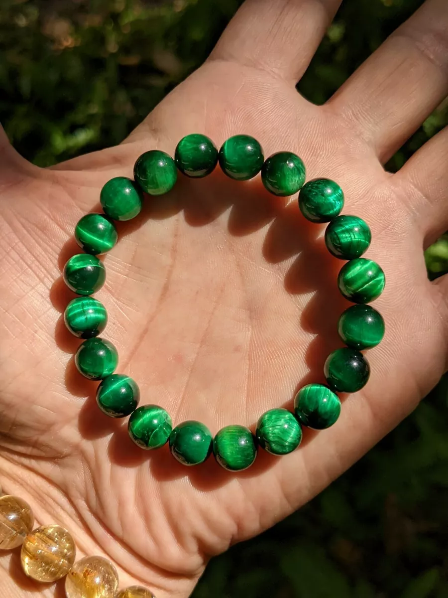 Blazing GREEN Tiger Eye bead bracelet MEN Stretch 10mm 7 7.5 8