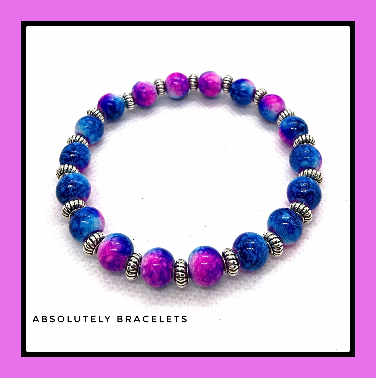 Hot Pink Royal Blue Boho Stretch Bracelet with Tibetan Silver Accents  