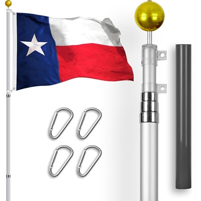 Combo: 16 Ft Telescoping Flagpole Silver & Texas TX Flag 3x5 Ft Emb Spun Poly