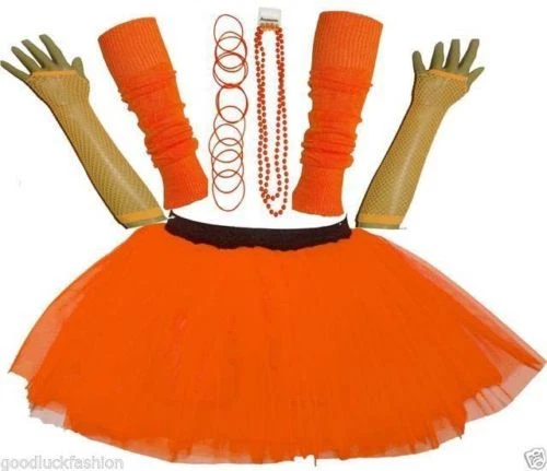 NUOVI GUANTI TUTU UV NEON RAGAZZE SCALDA GAMBE PERLINE E BRACCIALETTI ABITO FANTASIA GALLINA FESTA - Immagine 4 di 4