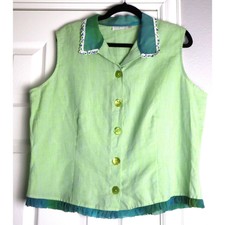 Lilly Hill Green Linen Vest Size Xl Summer Boho Ruffle Embroidered Cottagecore