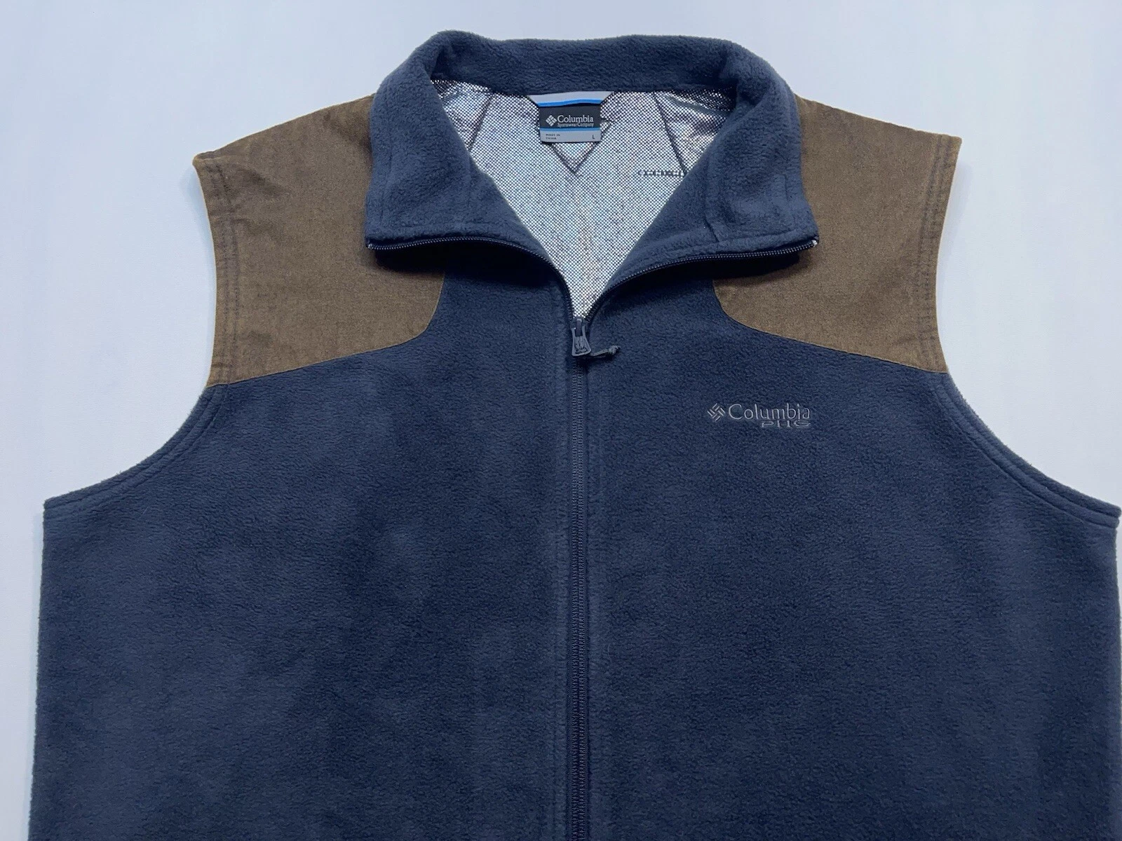Columbia Fleece Vest Mens Size Large PHG Omni-Heat Hunting Faux Leather Trim