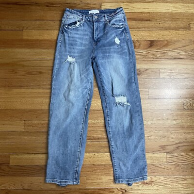 Risen Ladies Disstressed Jeans 9/29 (29x27) Medium Wash Straight Stretch