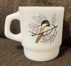 Vtg White Milk Glass Anchor Hocking Fire King Blue Jay & Chickadee Coffee Mug