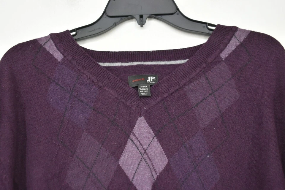Suéter JF J Ferrar Para Hombres Púrpura Cuello en V Estampado de Diamantes Manga Larga Algodón Talla XL Foto 4 de 4