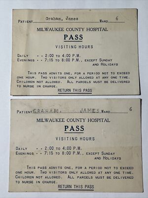 Lot of Two 1935 MILWAUKEE County Hospital VISITORS PASS Cards WARD 6
