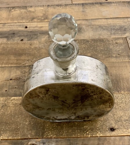 Art Deco Silver Mercury Glass Decorative Bottle: Clear Faceted Stopper • Etched - Picture 9 of 14