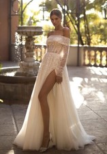Sexey Sequin Wedding Dress A-Line Off-Shoulder Detachable Sleeve Appliqu  Train