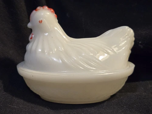 Vintage Hazel Atlas Milk Glass Hen On Nest Trinket Dish, some original paint