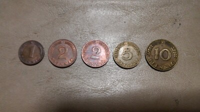 Vintage Germany 5 Coin Lot Includes 1949J 10 Pfennig + 1950D 5 Pfennig