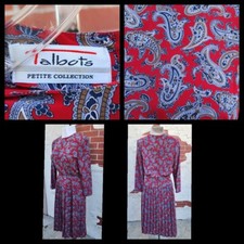 Size 8 women TALBOTS paisley pleated modest red long sleeve dress