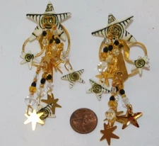 LUNCH AT THE RITZ Black White Zebra Star 14k Gold Post Huge Dangle Earrings 7m 6