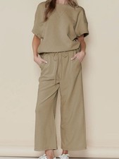 Taupe Brown Textured 2 Piece Lounge Set Wide Leg Pants Women  s Medium