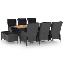 9-Piece Patio Dining Set Table 6 Recliners 2 Footstools Dark Gray Brown Table To