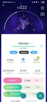 Shiny Shadow Horsea ( XXS ) Pokemon Tr@de Go