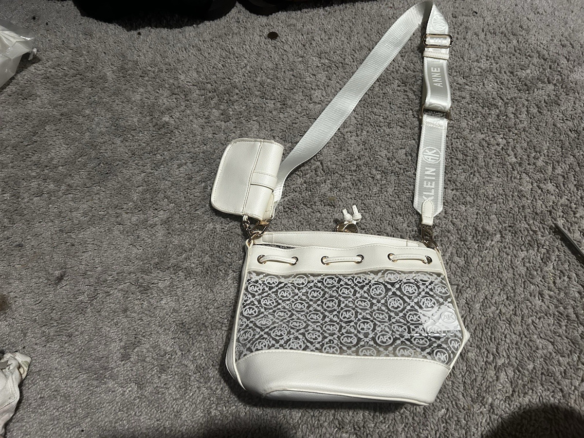 Anne Klein AK Monogram White/Gray Crossbody Bag, Adjustable Strap, Coin Purse