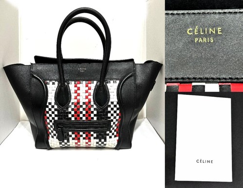 Celine Luggage Medium Shopper Handbag Intrecciato Leather Black Micro-check