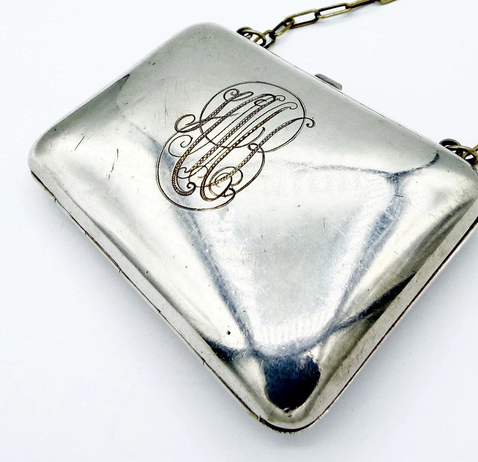 Antique Silver Plate Necessary Purse w/ Mirror & Celluloid Notepad Monogrammed - Image 3 of 4