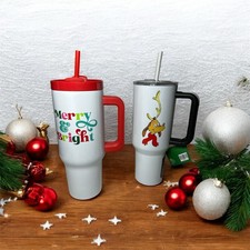 2- New 40 oz Stainless Steel Tumblers Christmas Cups Grinch Max, Merry Bright