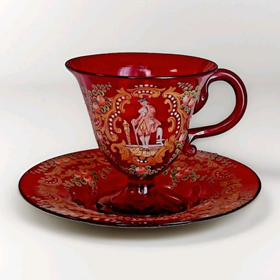 #ad #ad Antique Moser Salviati Hand Painted Cup amp; Saucer Ruby Red Figural Heavy Enamel $110.00