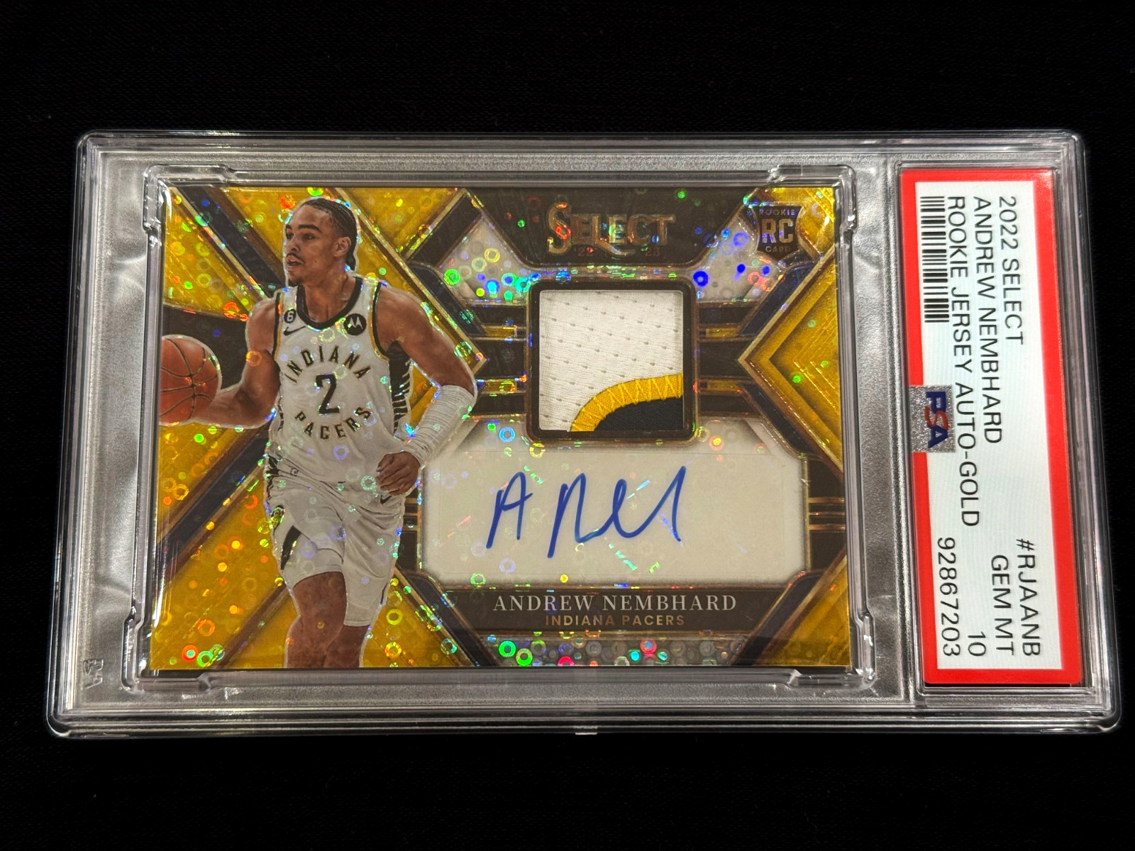 ANDREW NEMBHARD 2022 SELECT GOLD PRIZM 3-COLOR PATCH AUTO ROOKIE RC /10 PSA 10