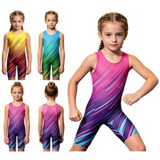 Girls Bodysuit Gradient Color Jumpsuit Thigh Length Leotard Round Neck Striped