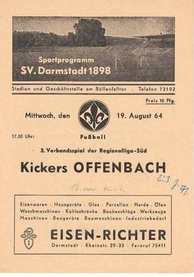 Fussball-Programmheft   64/65   RL    SV Darmstadt 98 - Kickers Offenbach