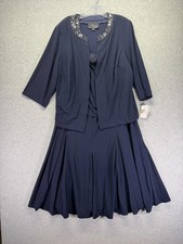 Alex Evenings Dress Jacket Set Womens 16W Navy Beaded Rhinestone Formal Evening