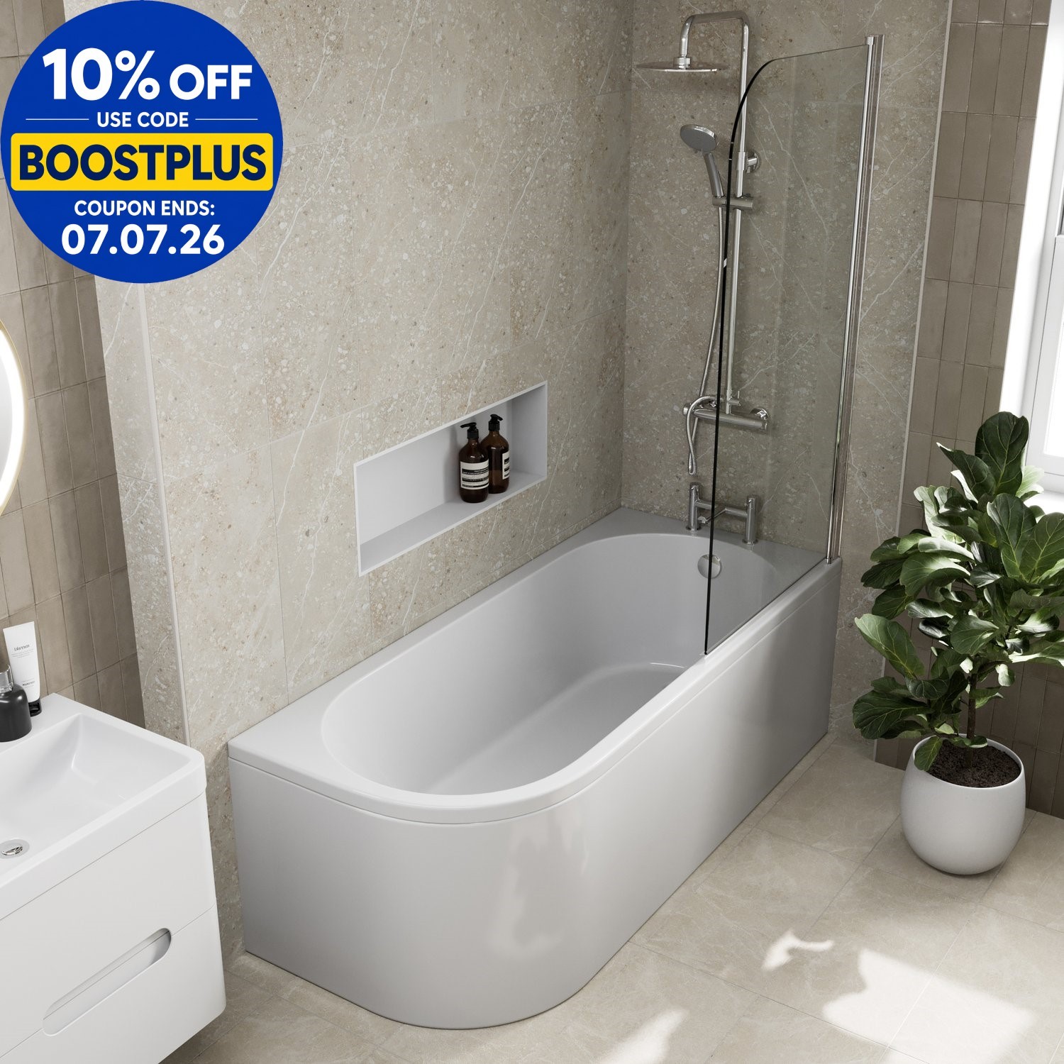 J Shaped Shower Bath Right Hand Bathtub 1700mm with Front Panel & Screen Acrylic