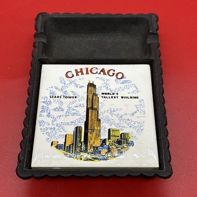 VTG Cast Iron-Ceramic Tile Ashtray Chicago Sears Tower - Made In Taiwan