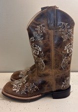 BSY1958 Old West Girl's Youth Square Toe Leather Western Boot Brown Size 4.5