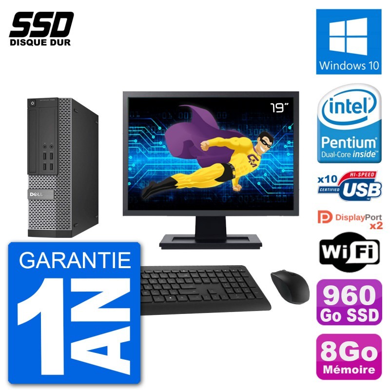PC Dell 7020 SFF Ecran 19" Intel G3220 RAM 8Go SSD 960Go Windows 10 Wifi