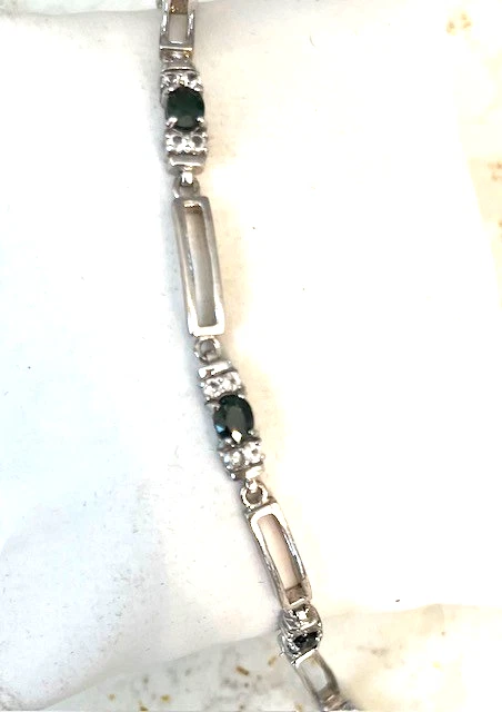 BLUE GREEN SAPPHIRE AND WHITE TOPAZ TENNIS BRACELET STERLING SILVER - Image 3 of 3