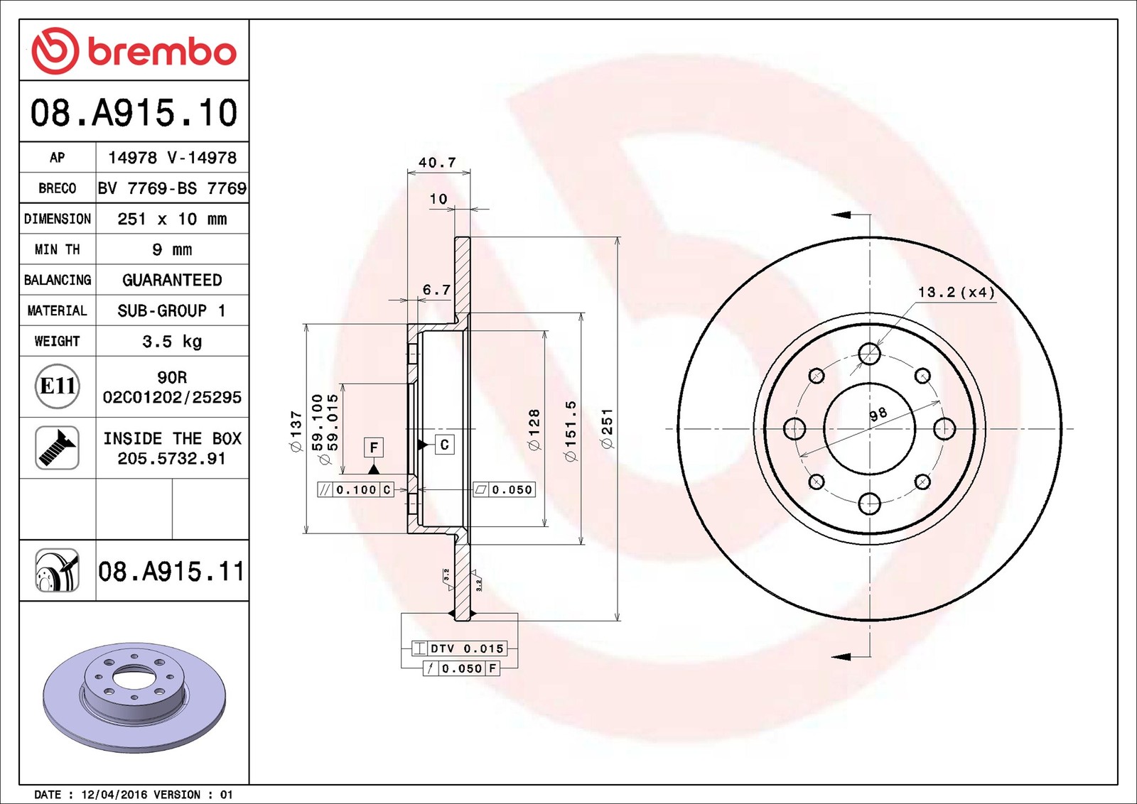 Brembo Bremsscheibe Hinterachse Voll [Hersteller-Nr. 08.A915.11] für Alfa Romeo - Bild 11