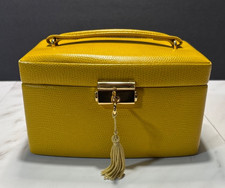 Vintage Genuine Leather Jewelry Box Yellow Lock Key Travel Case Mirror Tray