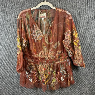 NWOT Johnny Was Feather Lark Mesh Blouse Peasant Boho Chic Floral Women Small